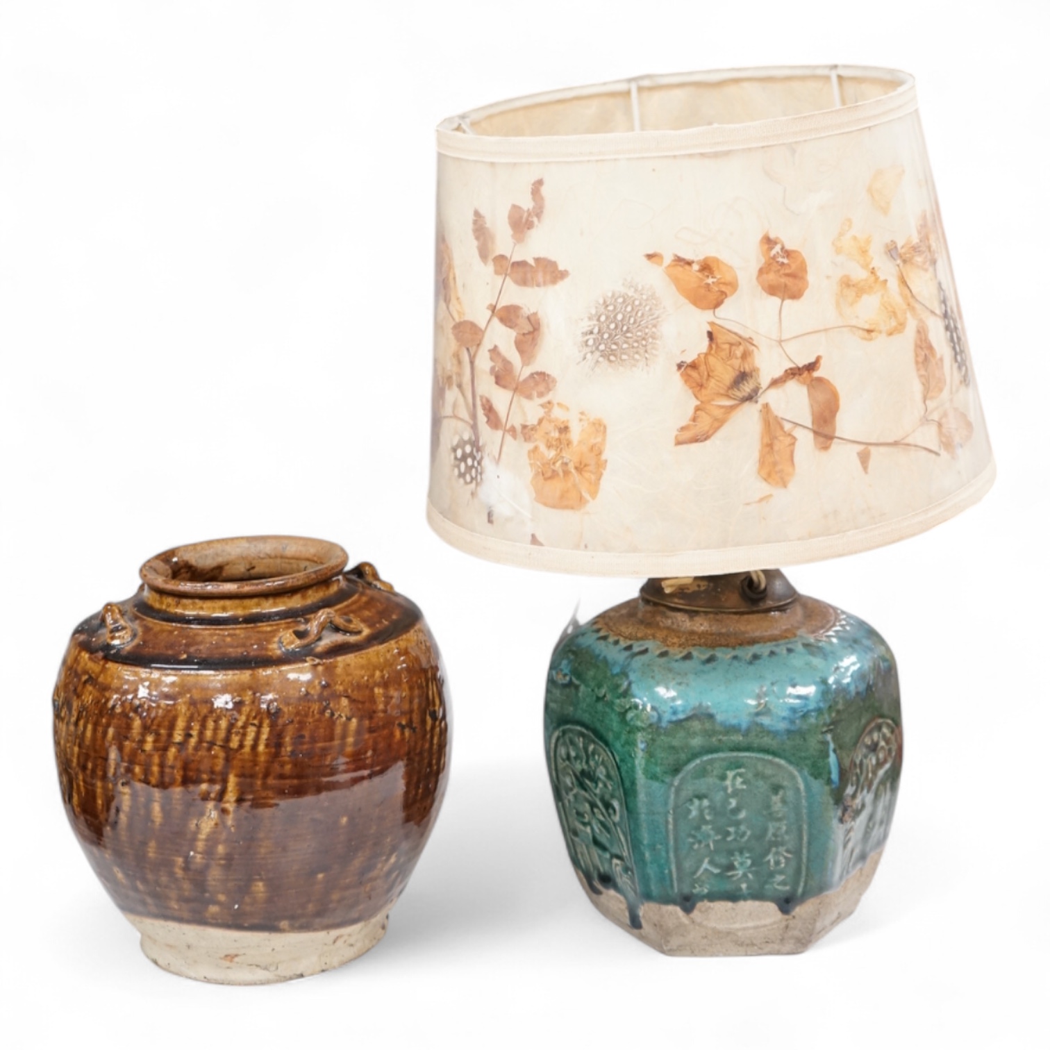 Two Chinese glazed pots, one converted as a lamp with a pressed floral shade, largest overall 37cm high